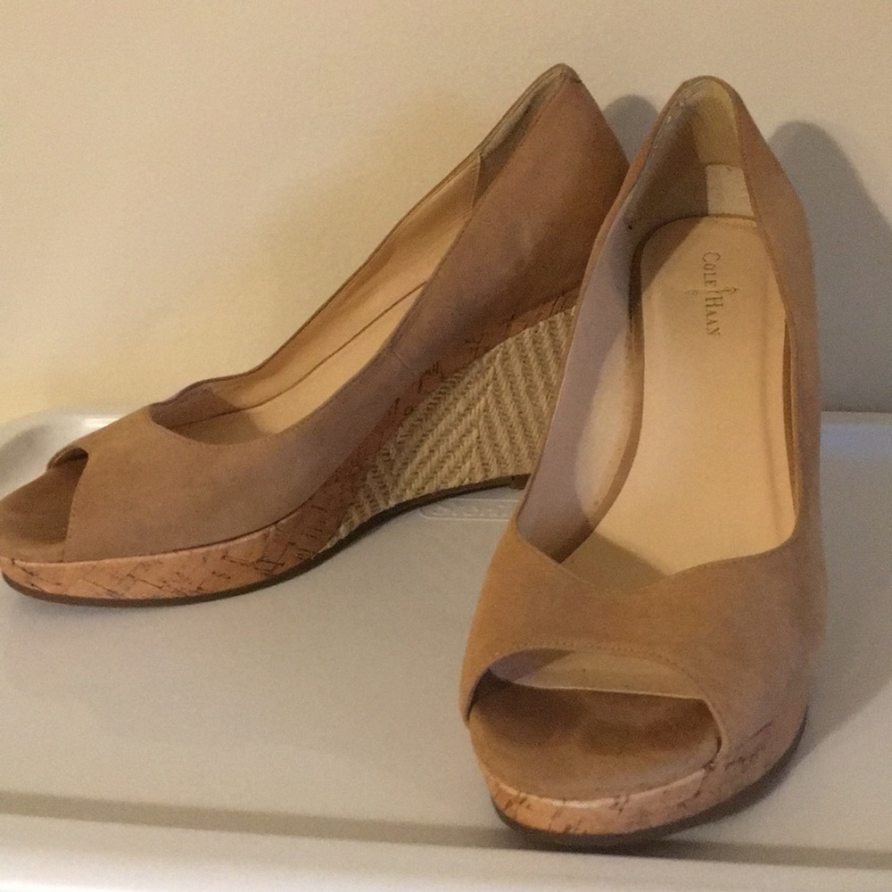 Cole Haan suede and rattan wedge